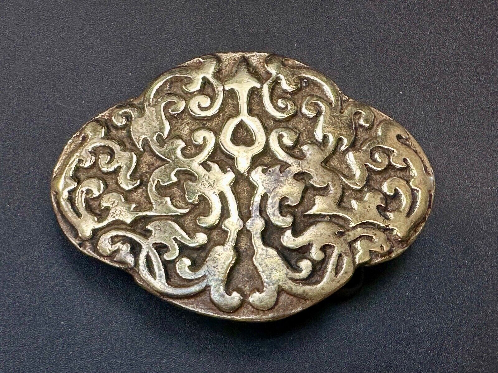 Vintage Hippie Hobo style curved swirl pattern cross solid brass belt buckle