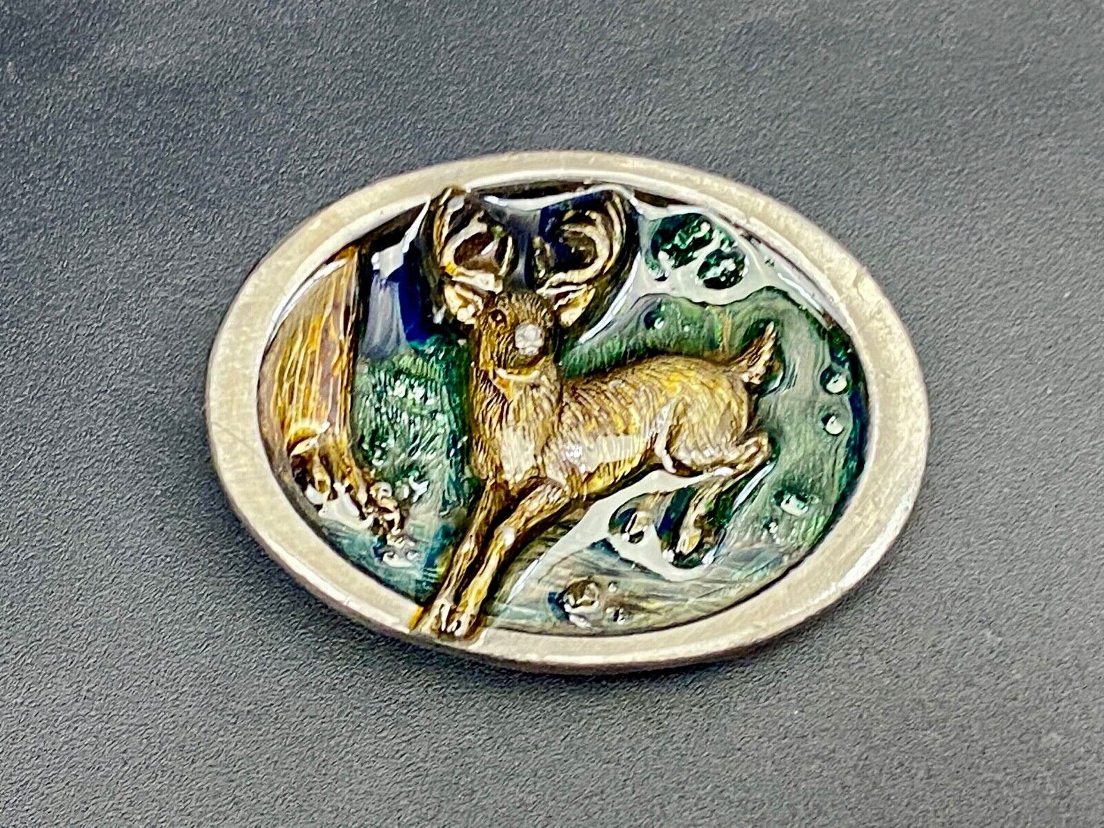 Vintage 1986 C+J Running Jumping Deer In Nature Belt Buckle 