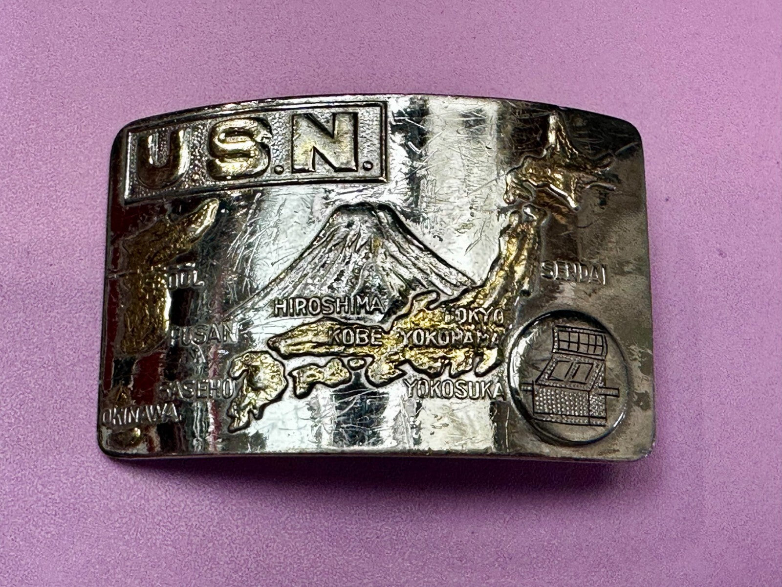 USN United State Navy Japan Korea Map Military Style Ratchet Belt Buckle