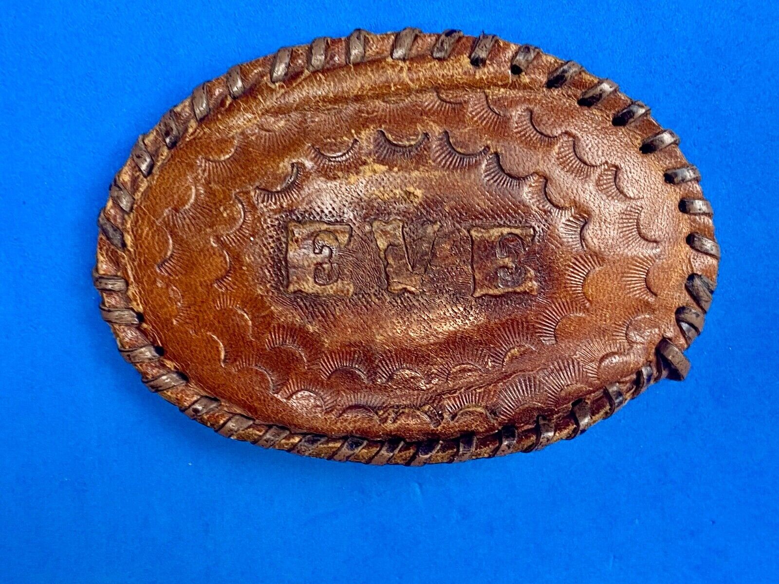 Vintage Leather stitched artisan? Name EVE personalized western belt buckle 
