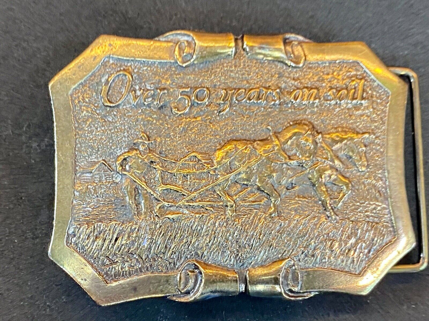 50 Years On Soil - Dahlman Belt Buckle - Field Engineered Farming Equipment 