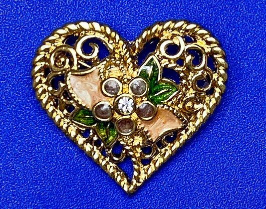 Beautiful I Love You heart-shaped see-through gold tone? 1" pin brooch