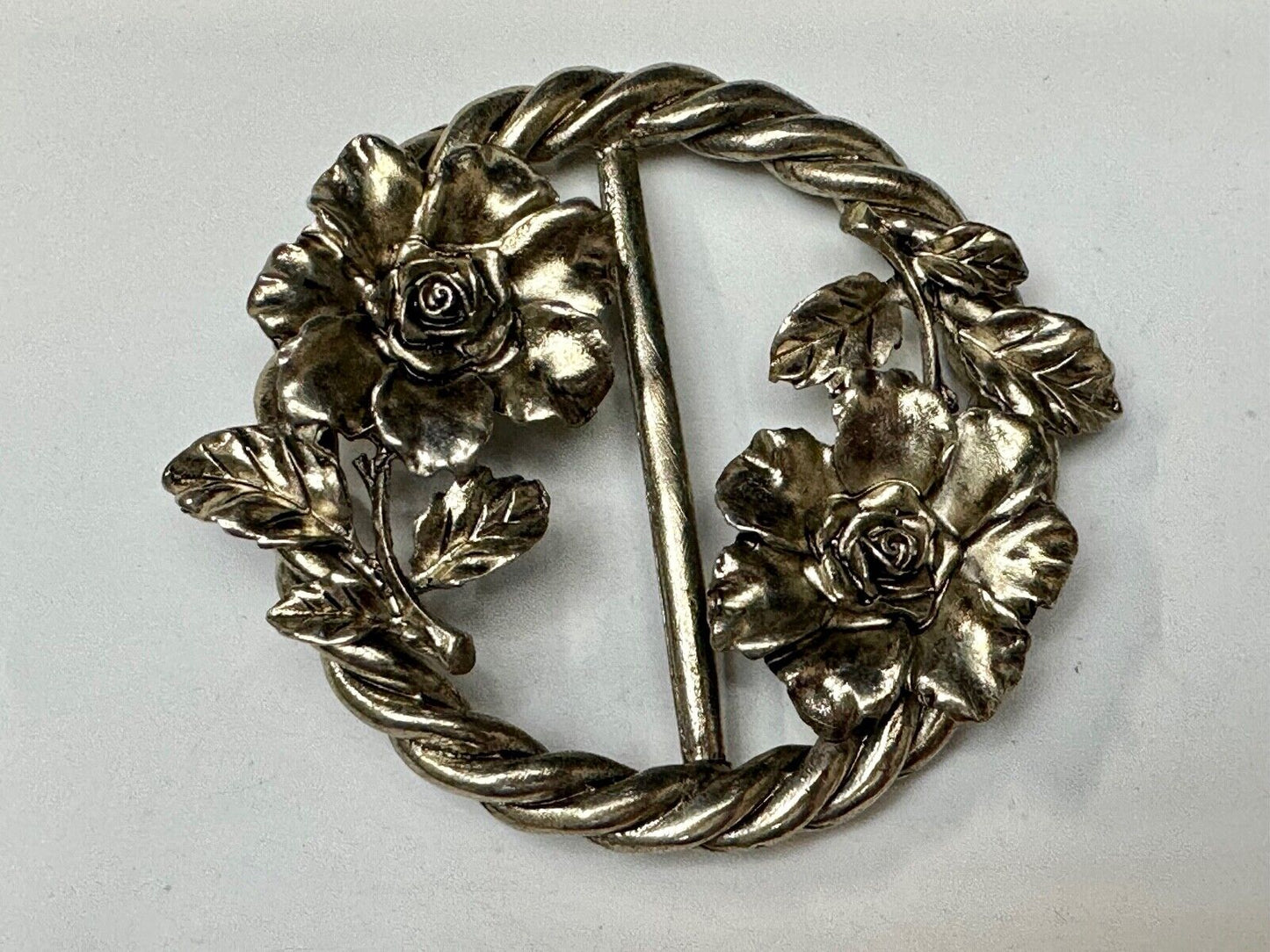 Antique Feel, Flower Figural Scarf slide Twisted rope pattern vtg.  Belt Buckle