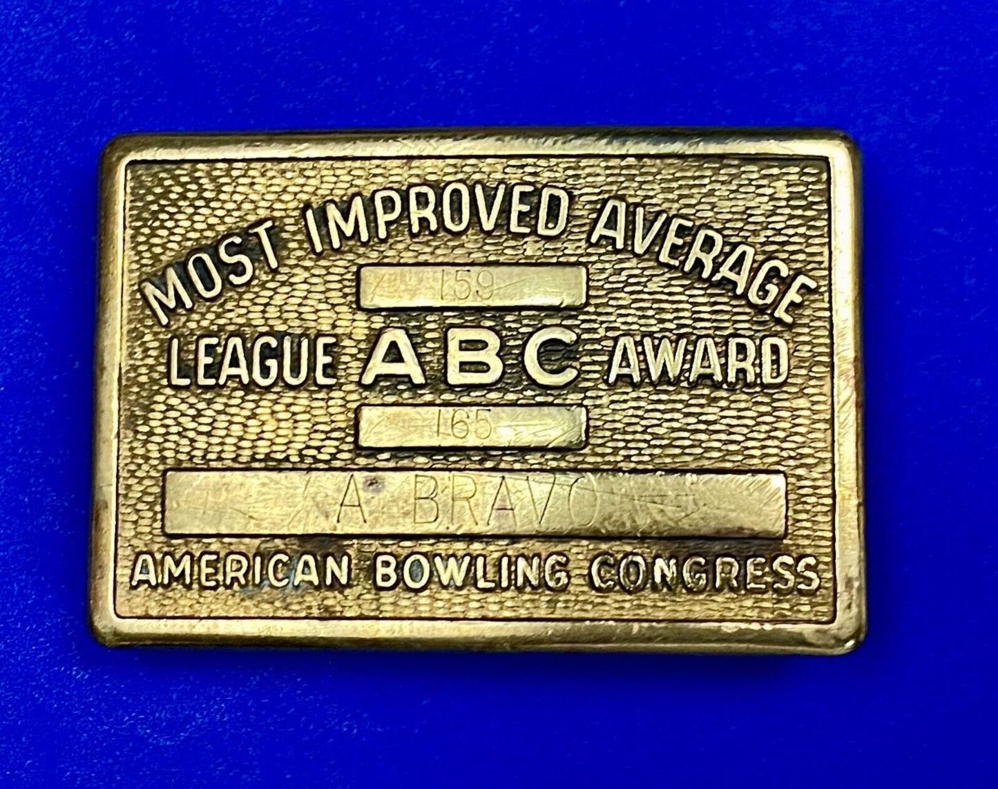 ABC Bowling Bowler's BLANK Most improved average award Vintage belt buckle