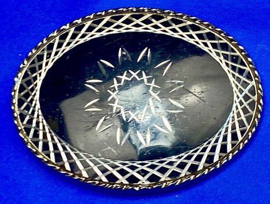 Vintage Black & Silver Color Etched Starburst Pattern Oval Belt Buckle Marked W