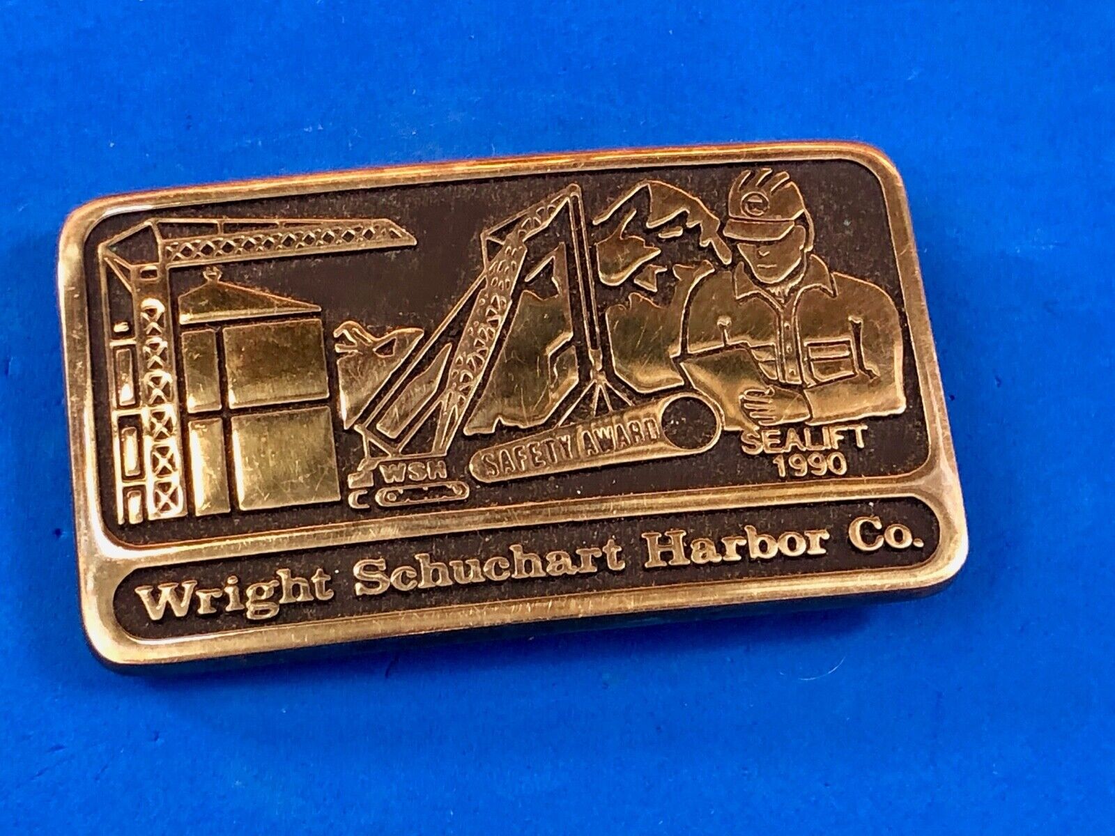 Vintage 1990 hand made solid brass Wright Schuchart Harbor Co promo Belt Buckle 