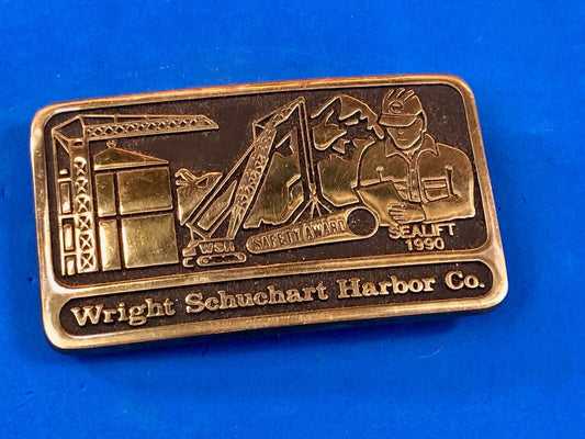 Vintage 1990 hand made solid brass Wright Schuchart Harbor Co promo Belt Buckle 