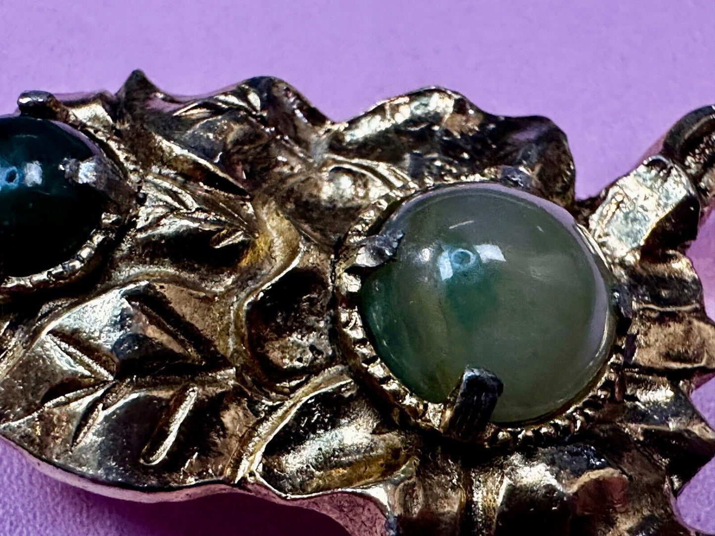 Victorian Style Green Jade? Cabochon Stone On Small Gold Tone Belt Buckle