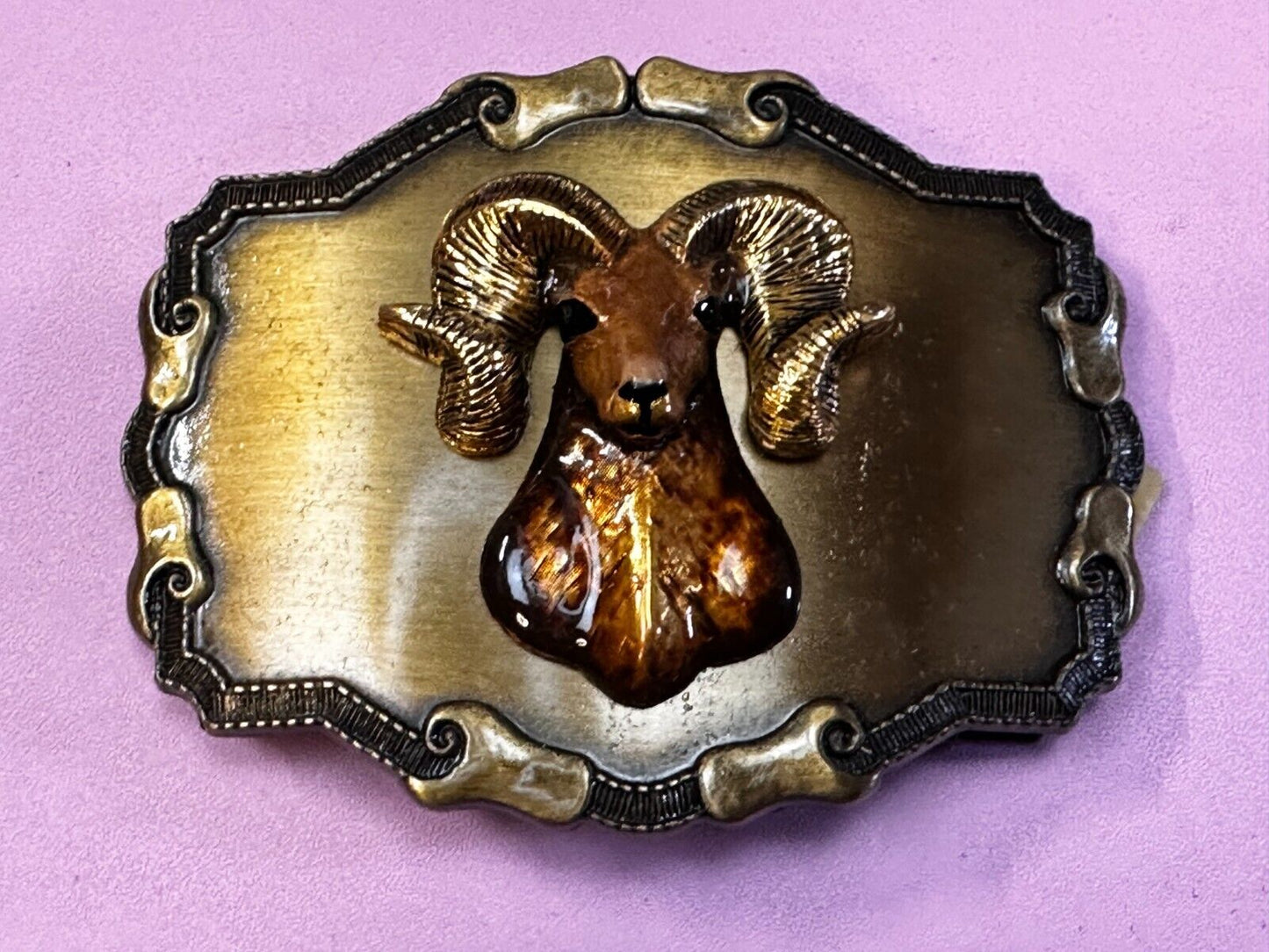 3D Big Horn Sheep Ram Mountain Goat Head Western Framed Belt Buckle by Raintree