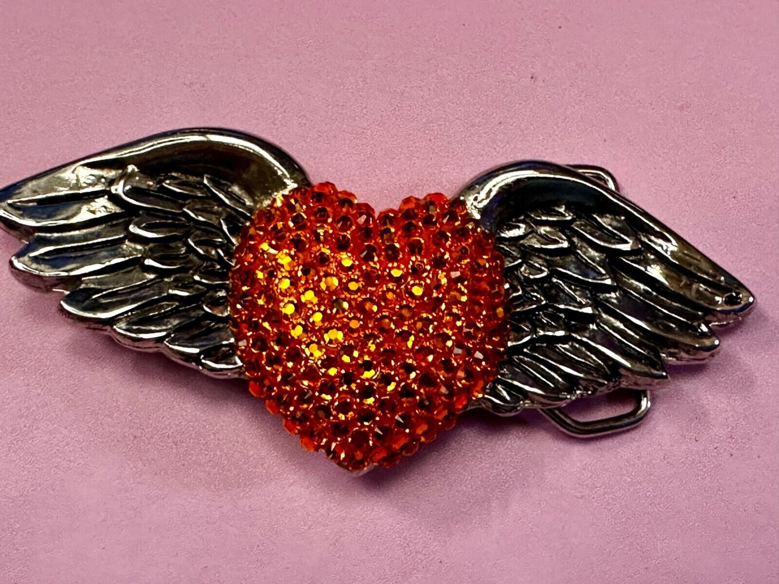 Angel Wings Orange Heart Shaped Rhinestone Covered 2001 Bridget Belt Buckle