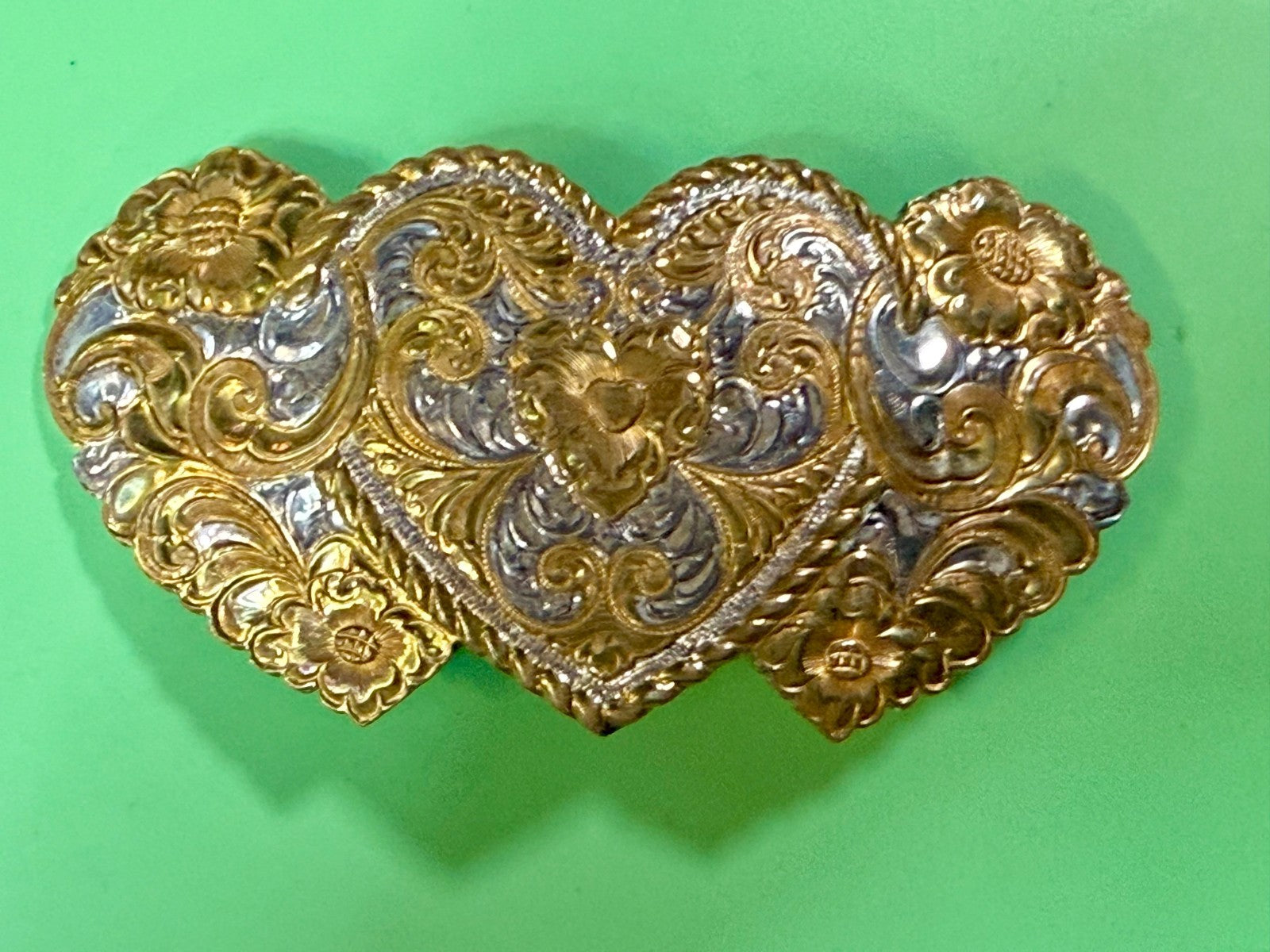 Triple Heart Shaped Heavy Silver Plate on Jewelers' Bronze Crumrine Belt Buckle