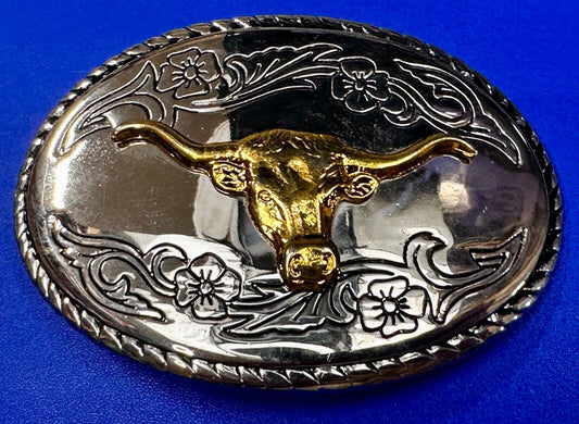 Texas Longhorn Steer Bull Cow Skull Reflective Oval Two Tone Vintage Belt Buckle