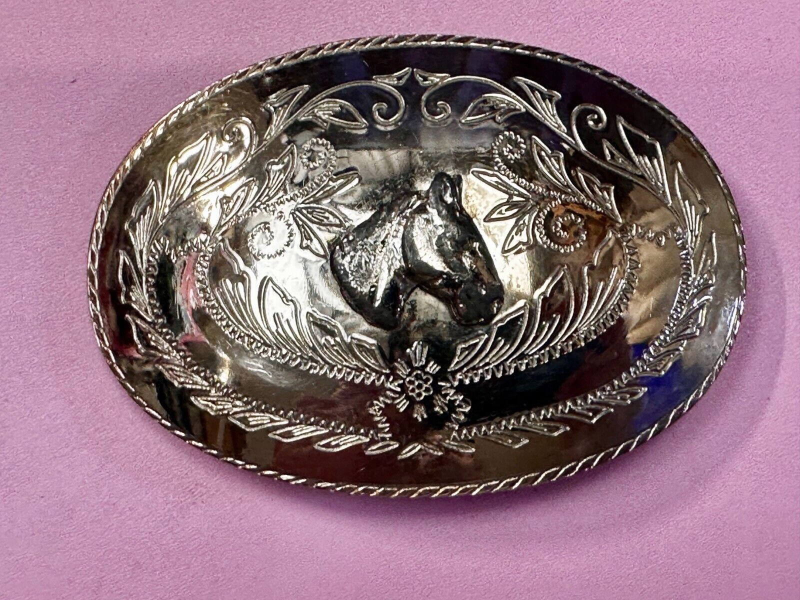Vintage Horse Head Rodeo Flower Swirl Silver Tone Belt Buckle