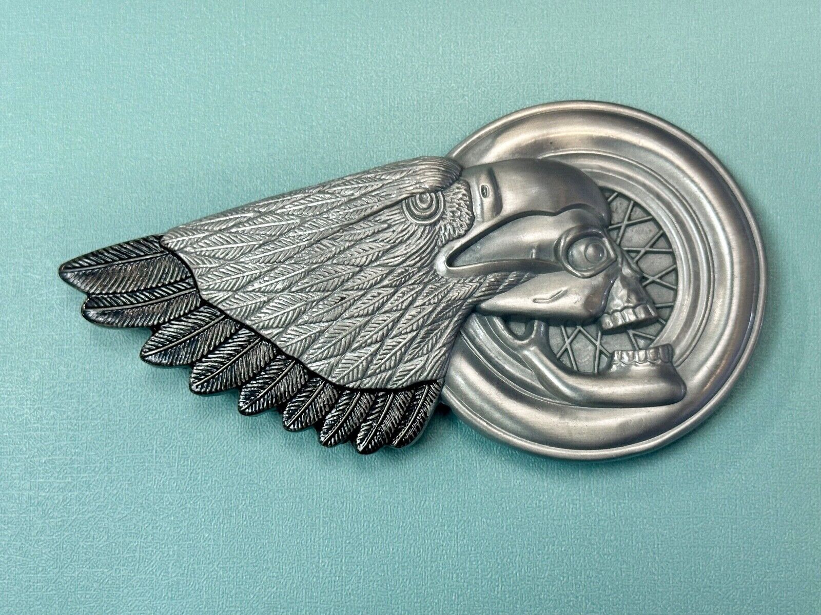 Bikers Skull with Eagle Wing and Motorcycle Wheel figural belt buckle