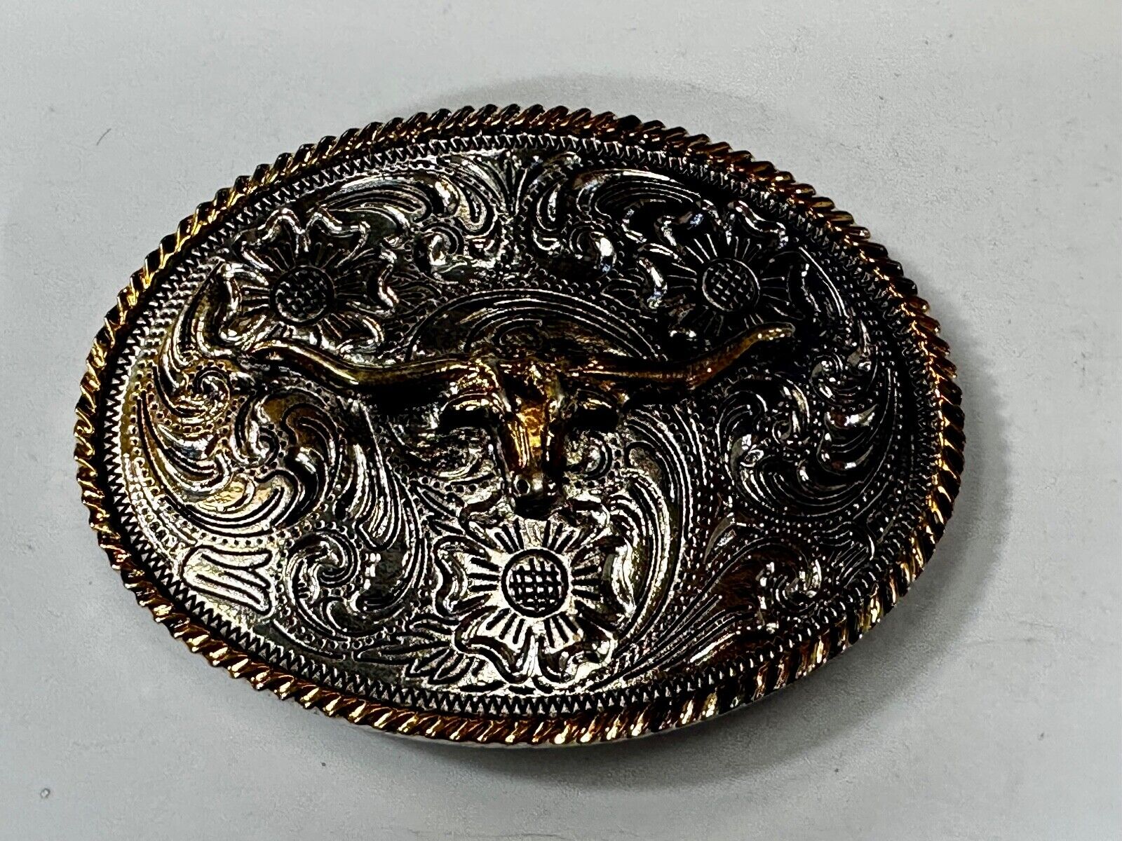 Texas Longhorn Steer Bull Ornate Two-Tone Vintage Oval Belt Buckle