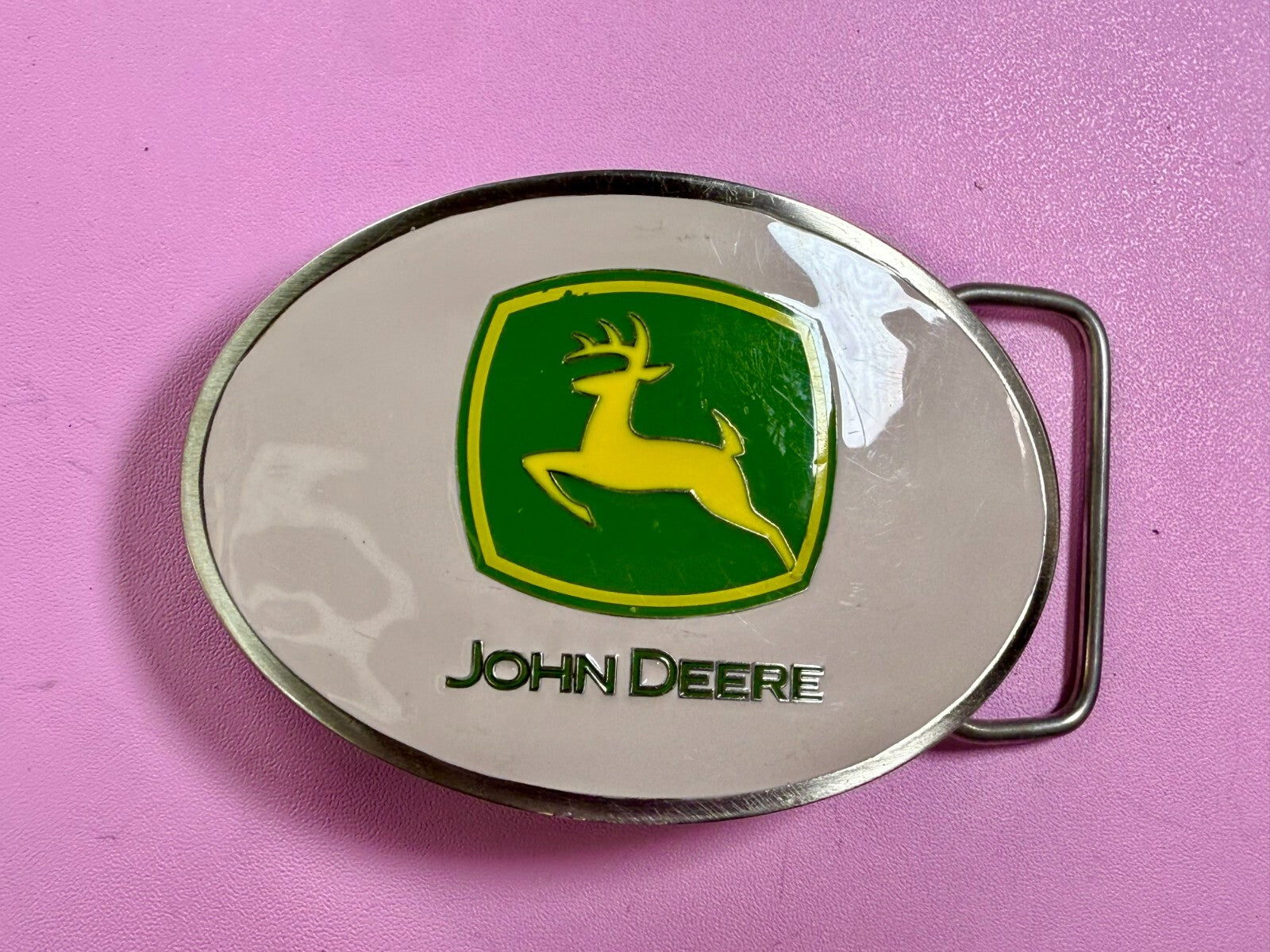 Vintage John Deere Pink Girlie Jumping Deer Logo Farm Tractors Belt Buckle