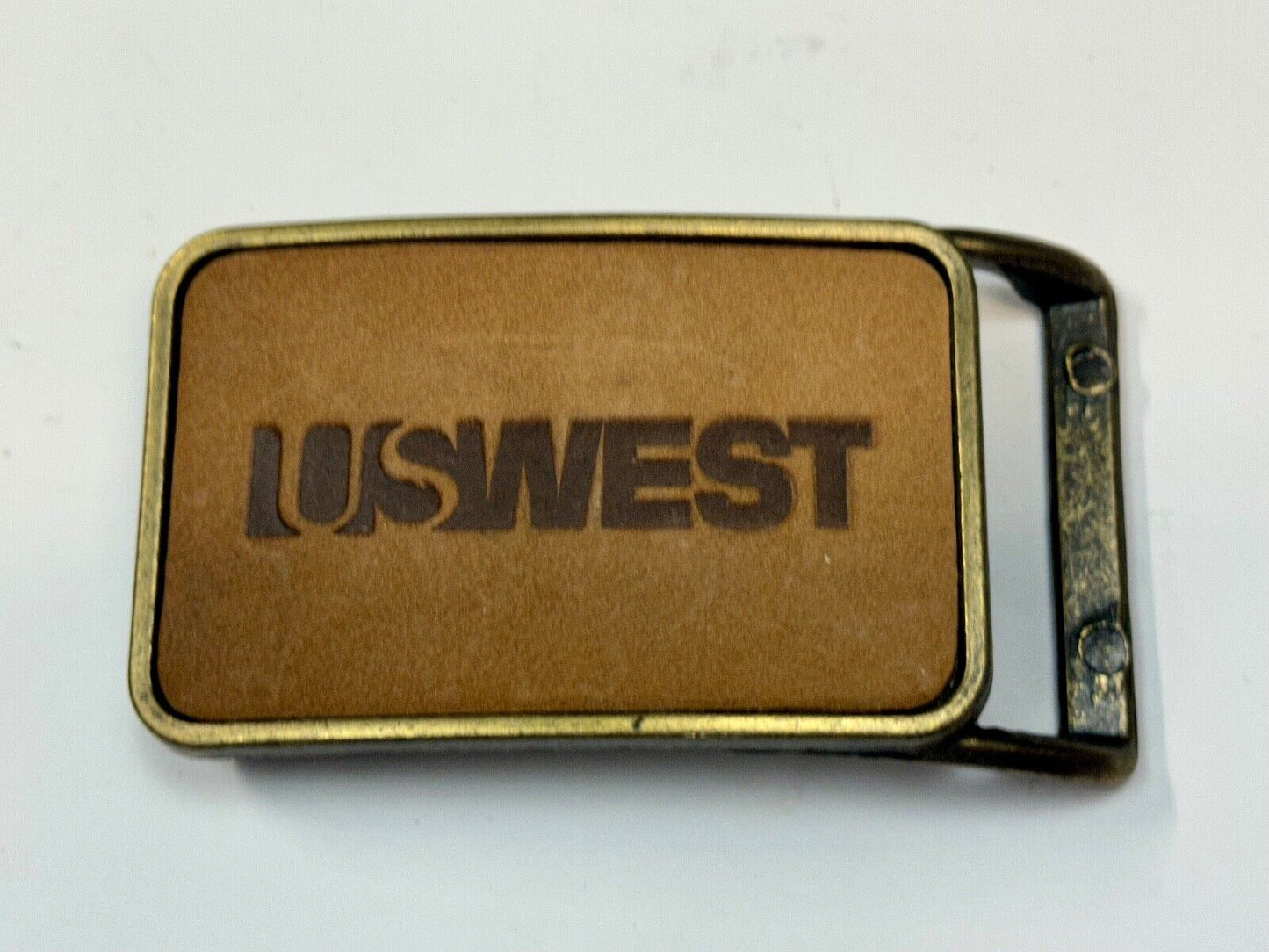 US WEST Telephone Service Company Promo Vintage Leather & Brass Tone Belt Buckle