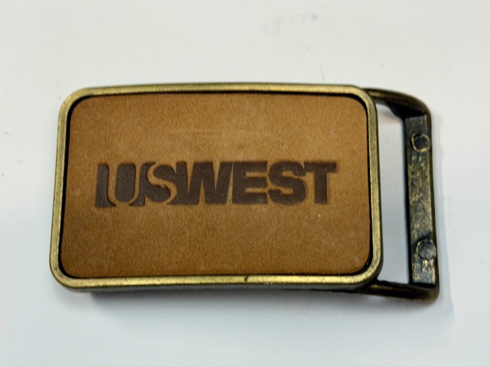 US WEST Telephone Service Company Promo Vintage Leather & Brass Tone Belt Buckle