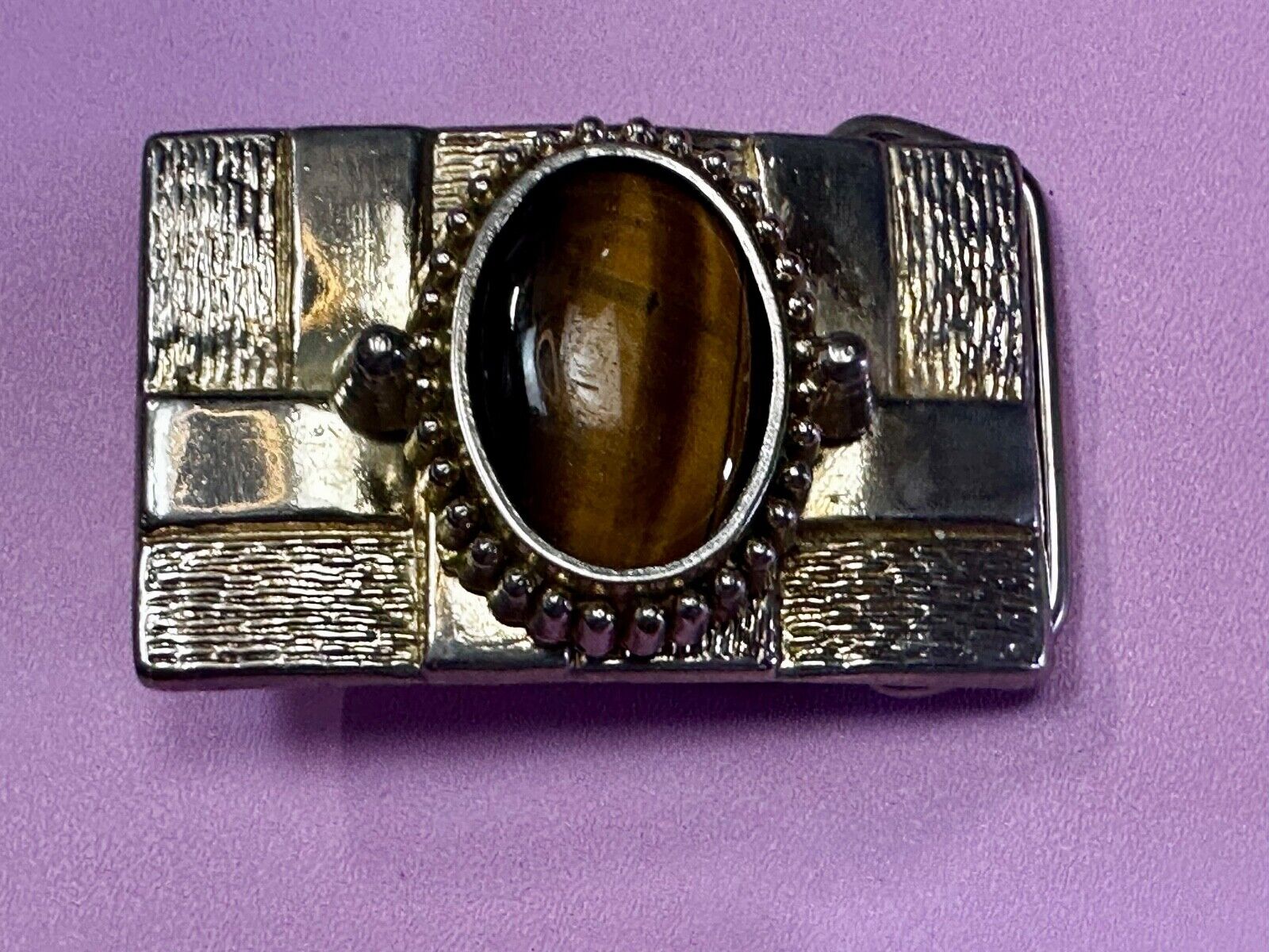 Tigers Eye Cabochon Stone Centerpiece on Western gold tone box theme Belt Buckle