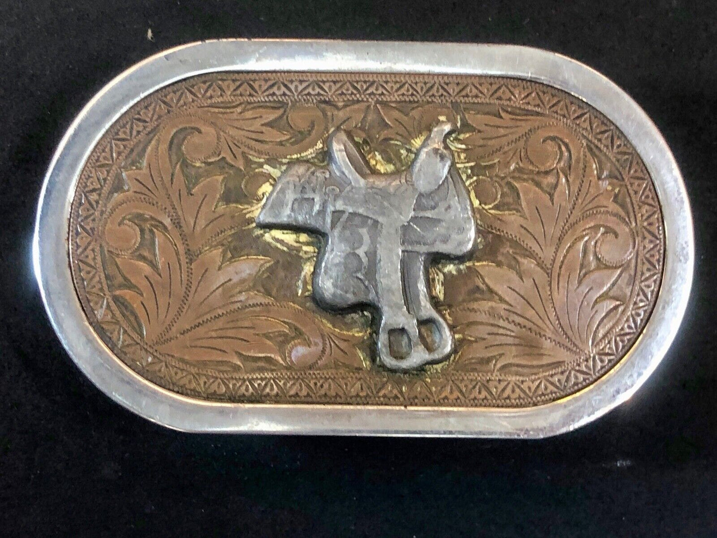 Vintage Horse saddle western belt buckle Nickel plate 