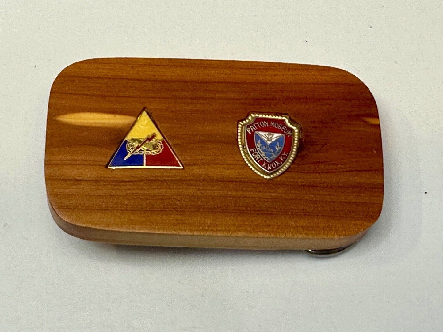 Two pins Patton Museum Fort Knox KY Artisan Inlaid project to wooden Belt Buckle