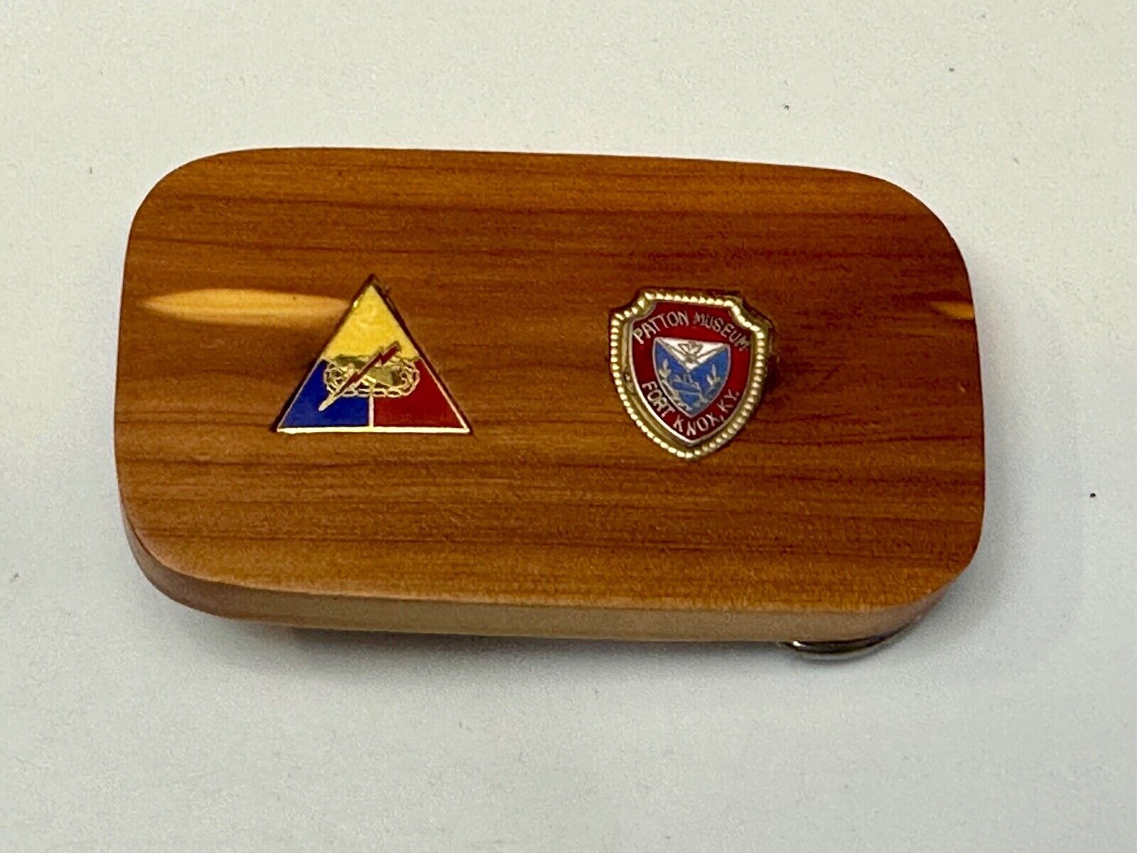 Two pins Patton Museum Fort Knox KY Artisan Inlaid project to wooden Belt Buckle