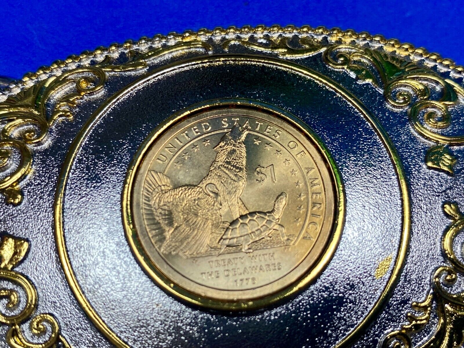 Treaty With Delaware First Commemorative Mint One Dollar Coin Belt Buckle & Coa