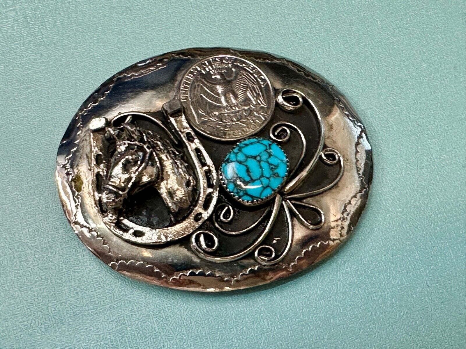 Turquoise Stone Horse Head & Shoe, Quarter Coin Southwestern belt buckle
