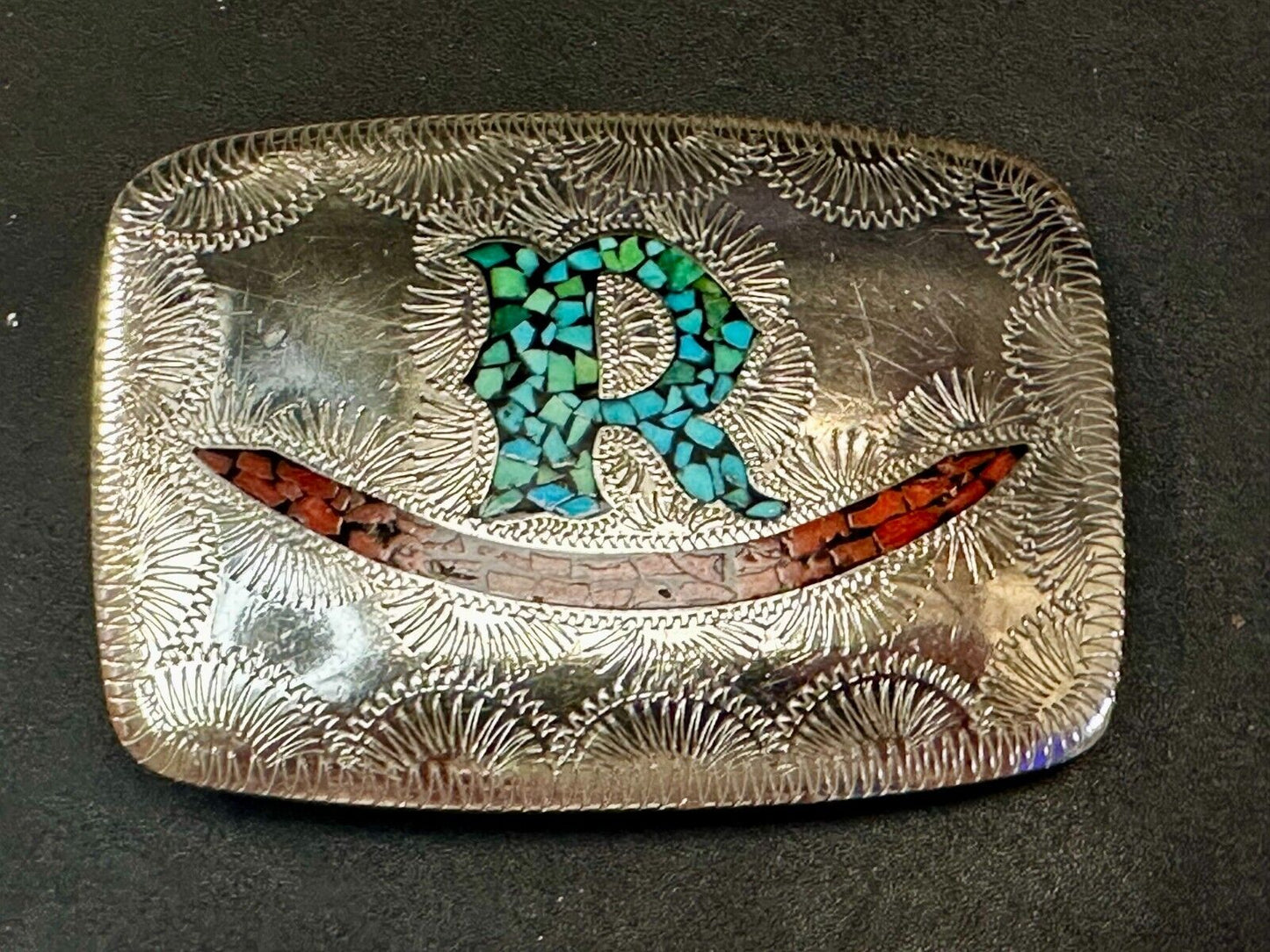 Turquoise & Coral Inlaid Native American Belt Buckle SSH Custom Initial Letter R