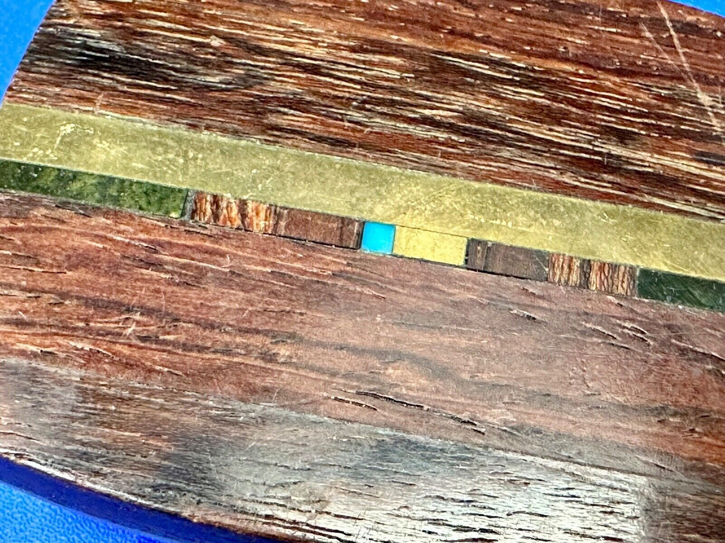 turquoise and solid brass inlay to exotic wood Scorpion Products Div belt buckle