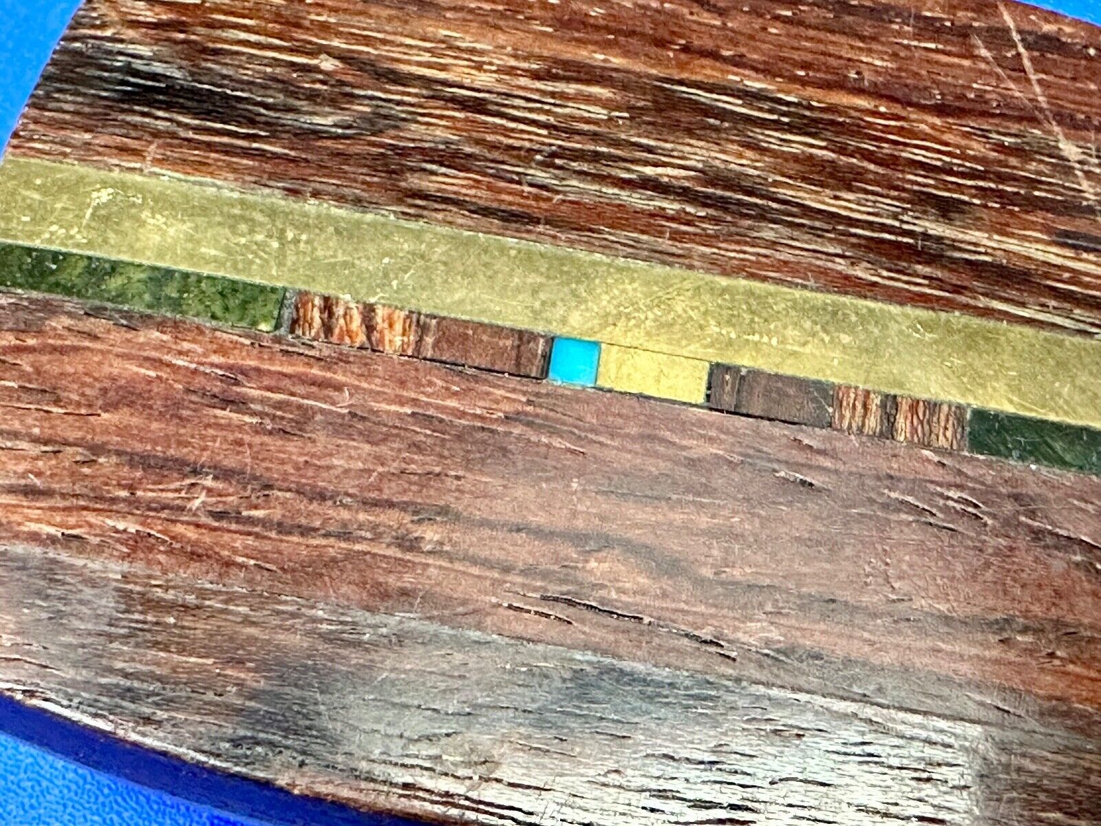 turquoise and solid brass inlay to exotic wood Scorpion Products Div belt buckle