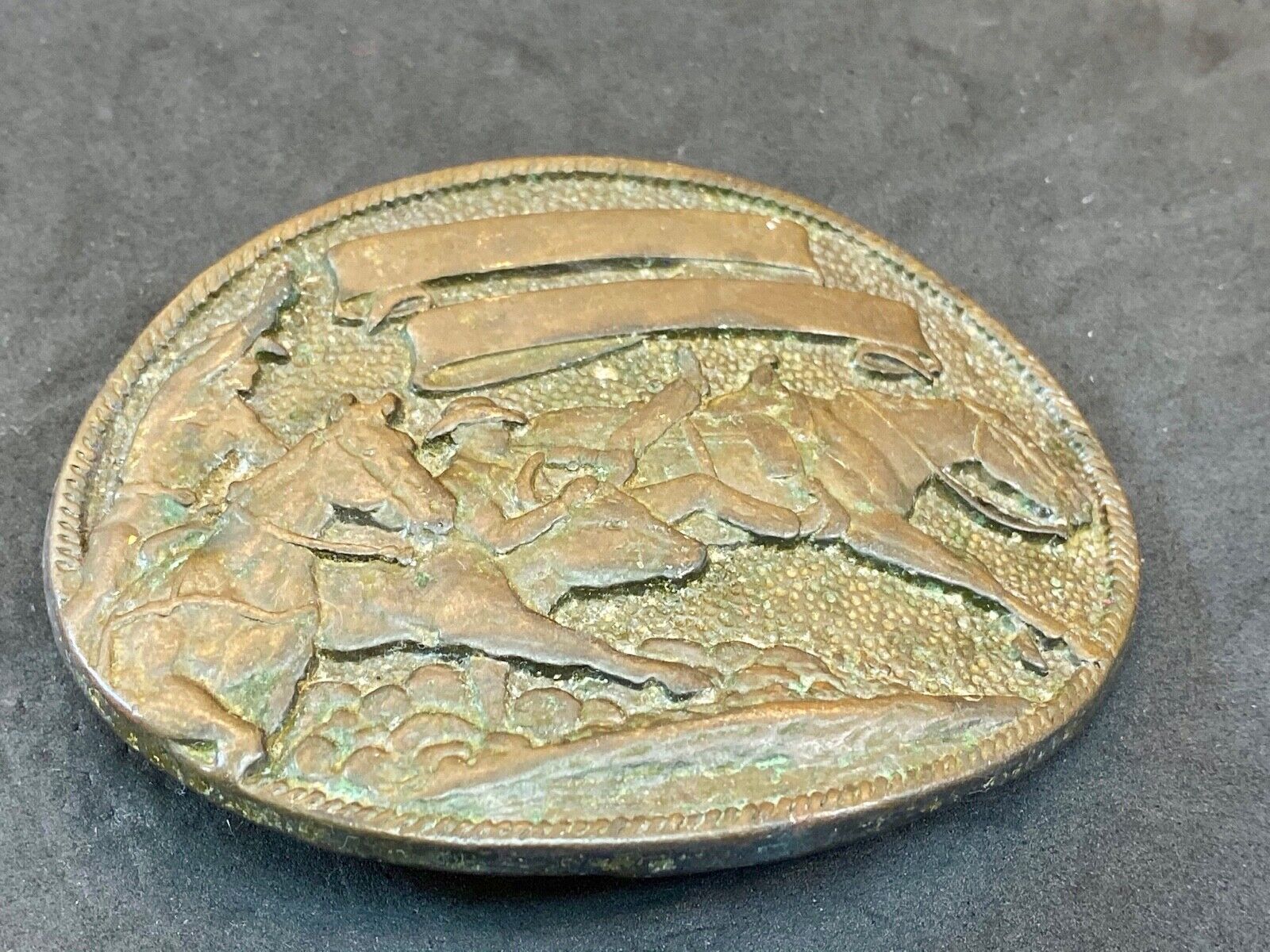 Vintage cowboys from wild west riding horseback belt buckle - blank ribbon award