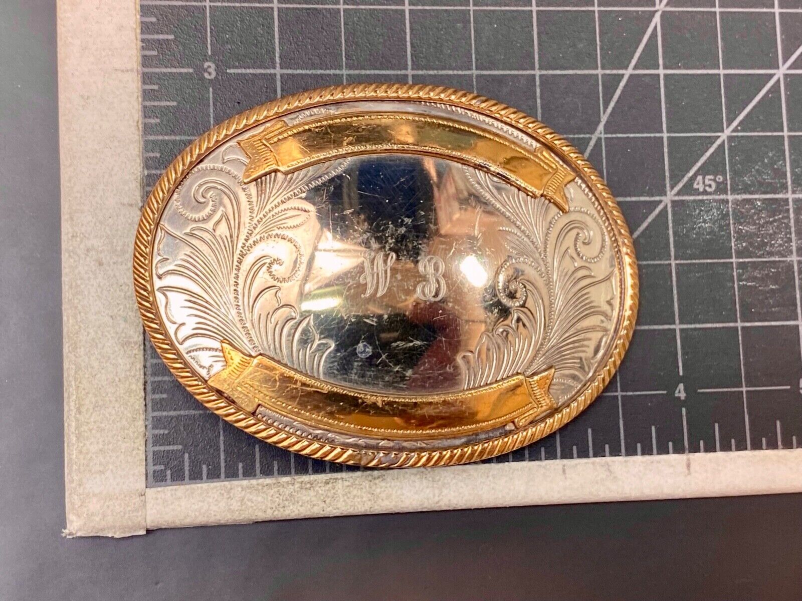 Vintage German Silver two tone rodeo award trophy style engraved belt buckle