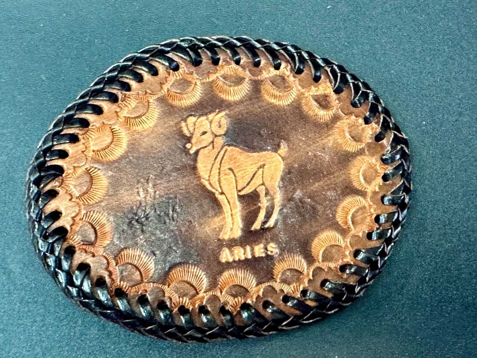 Aries Leather Oval Astrology Belt Buckle Vintage Hand Stitched Tooled Ram Horns