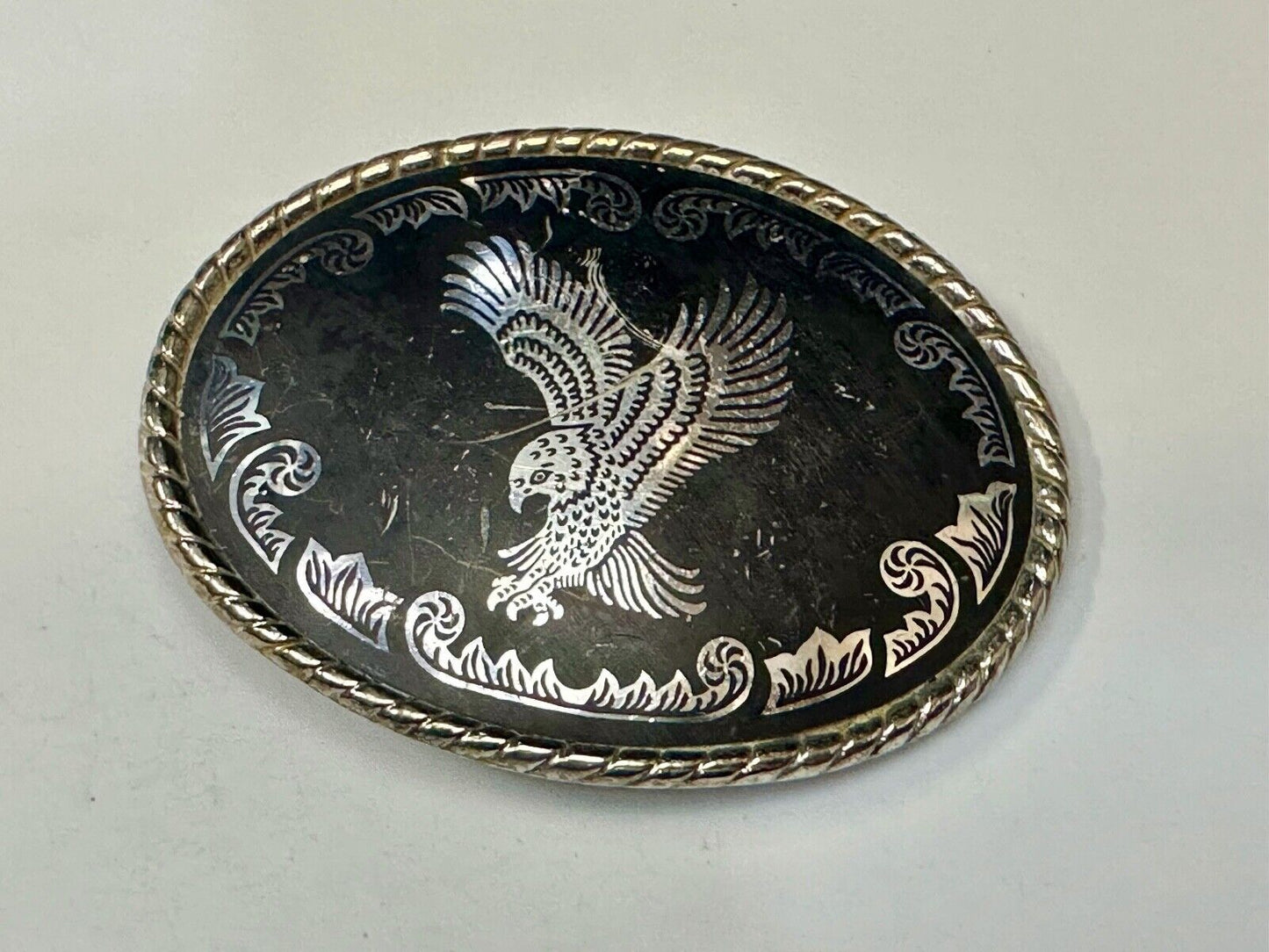 American Eagle black & silver tone Mixed metal vintage belt buckle marked W