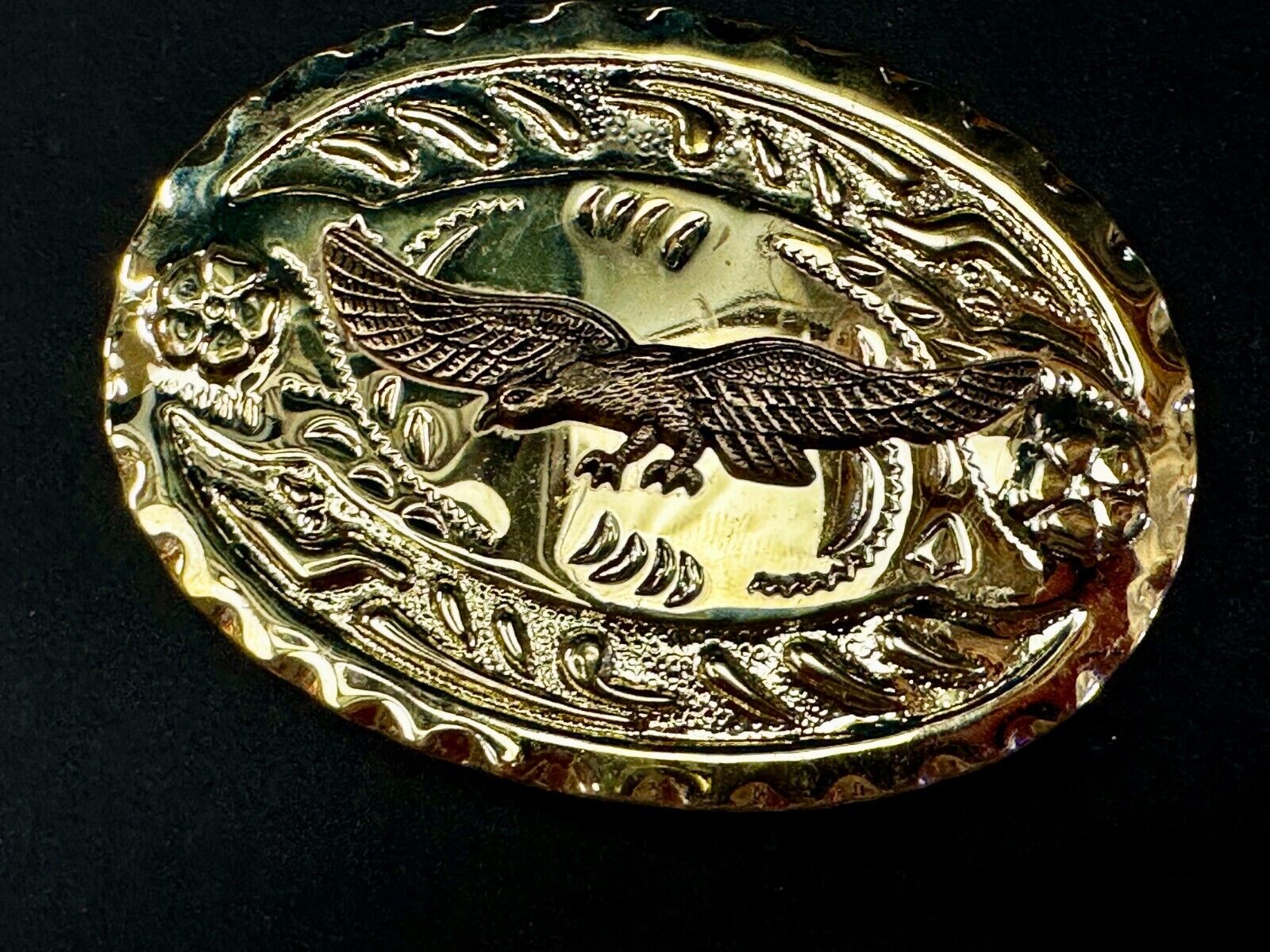 American Bald Eagle Flying Hunting Soaring Ornate Gold Color Western Belt Buckle