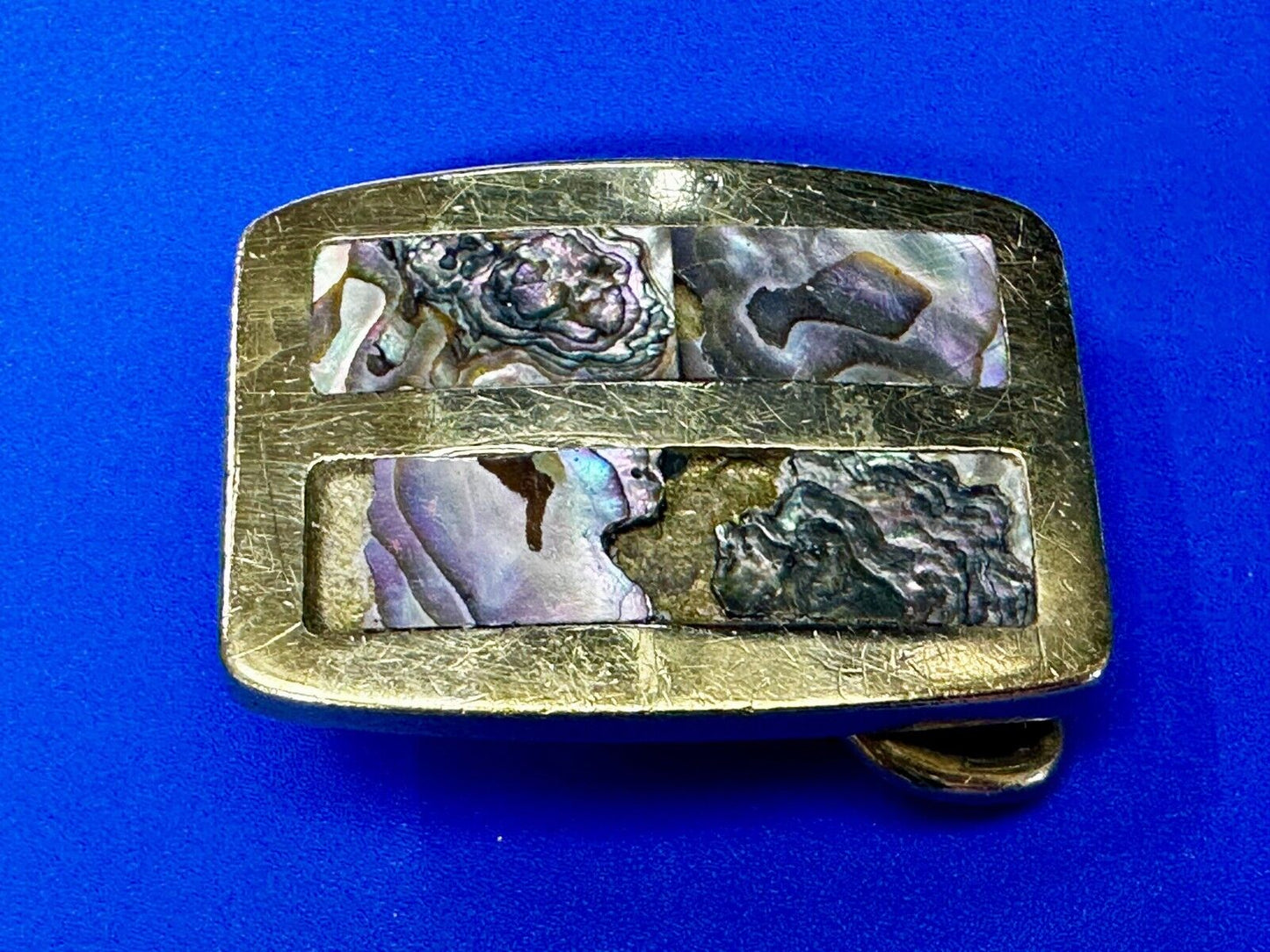 Alabone Shell  Inlay Hippy Boho Style Small Solid Brass Belt Buckle