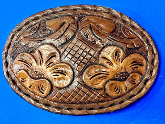 4" wide brown leather floral theme hand stitched artisan belt buckle