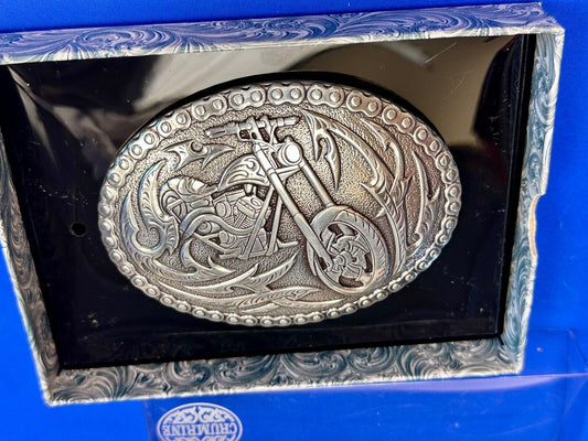 Biker Motorcycle Chopper Designed silver tone oval Crumrine Belt Buckle in box