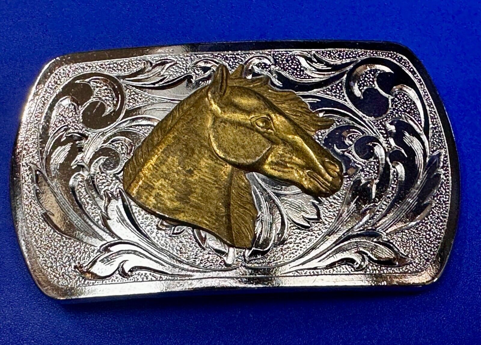 Two Tone Horse Head Vintage Western Flower Swirl Design Belt Buckle