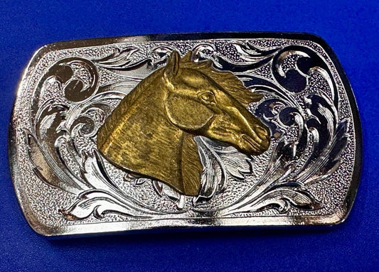 Two Tone Horse Head Vintage Western Flower Swirl Design Belt Buckle