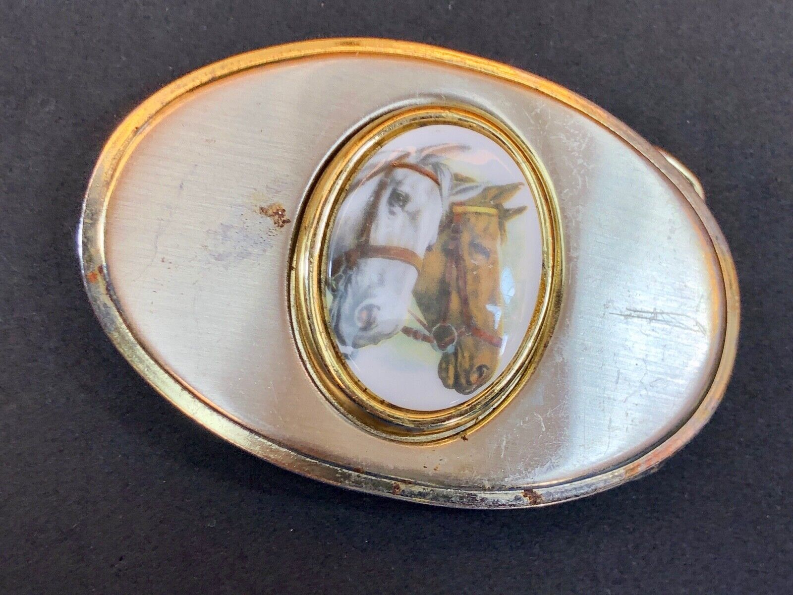 Vintage Dual Two Horse Head Bust Figure picture centerpiece western belt buckle 