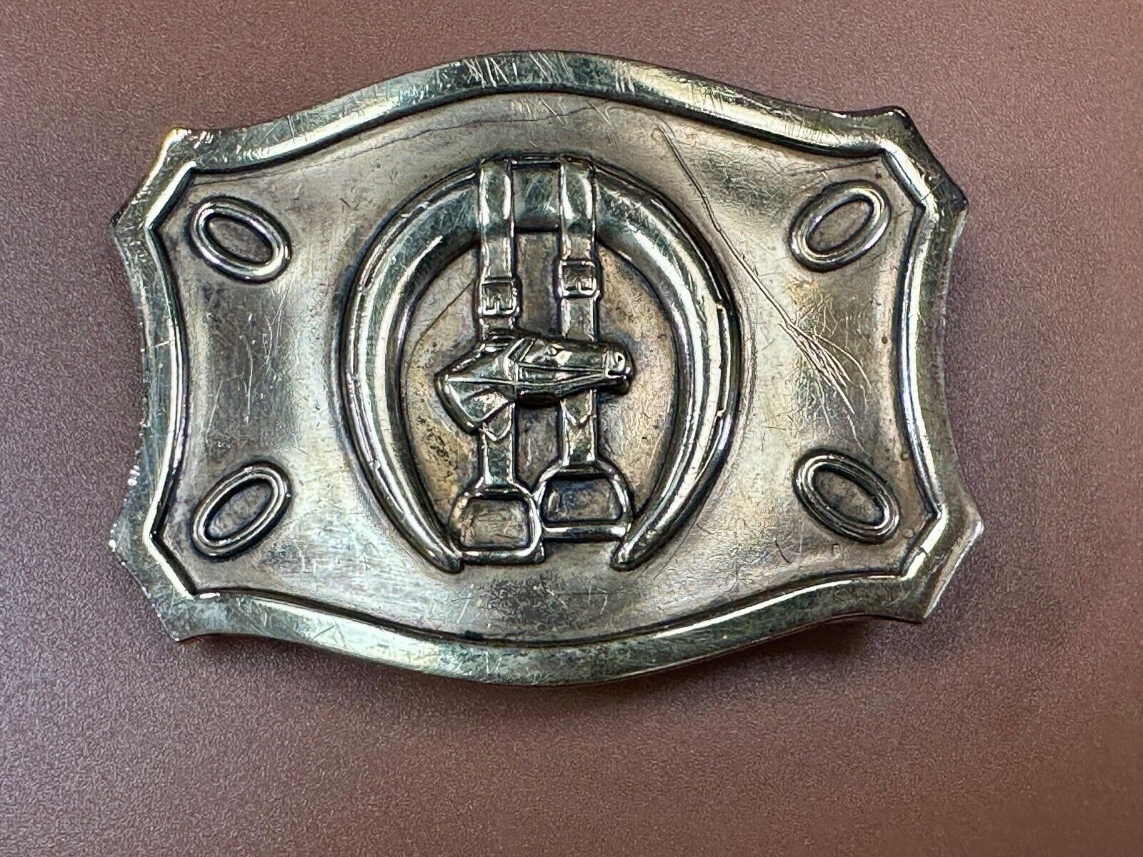 Vintage horse, head &  stirrups western lucky horseshoe belt buckle