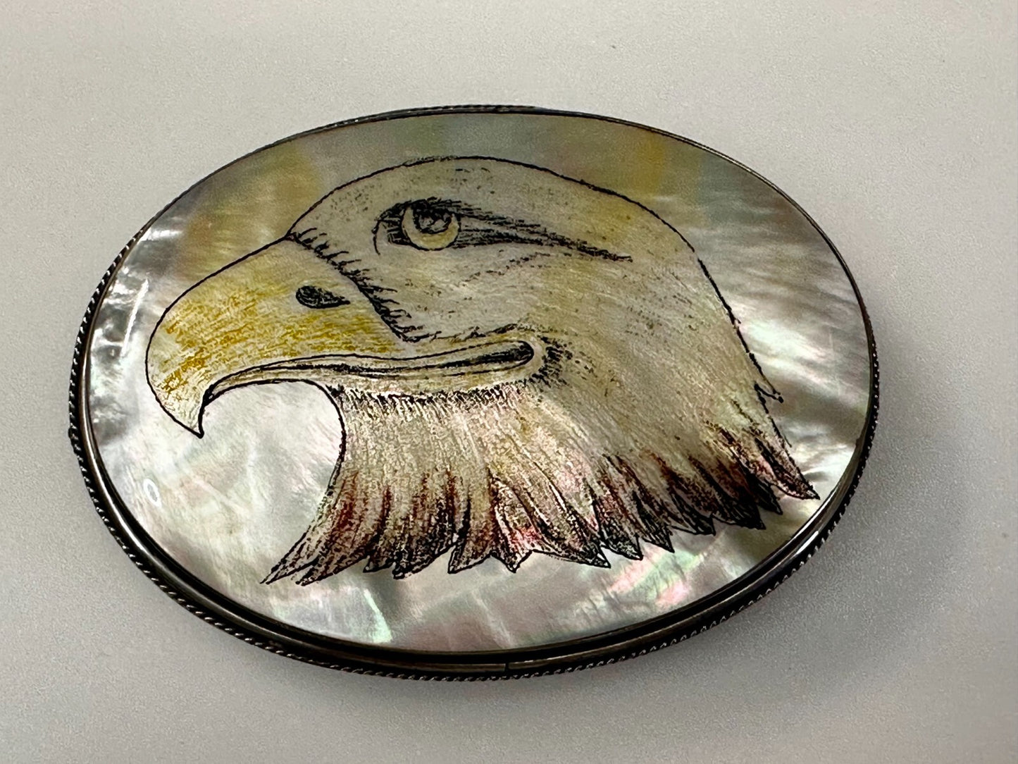 American Bald Eagle Handmade On Mother Of Pearl Shell Belt Buckle - Hallmarked M