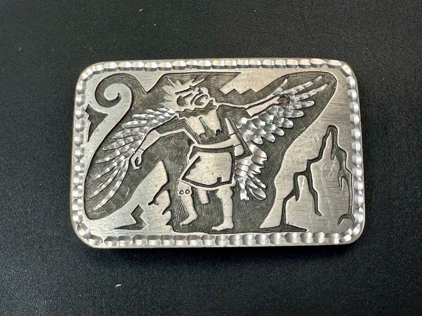 Unique Carving Ancient Mayan God Man Wings etched pewter vintage belt buckle