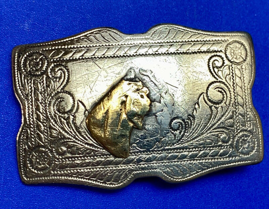 Vintage beat up nickel silver belt buckle missing some of a horse head!  REPAIR
