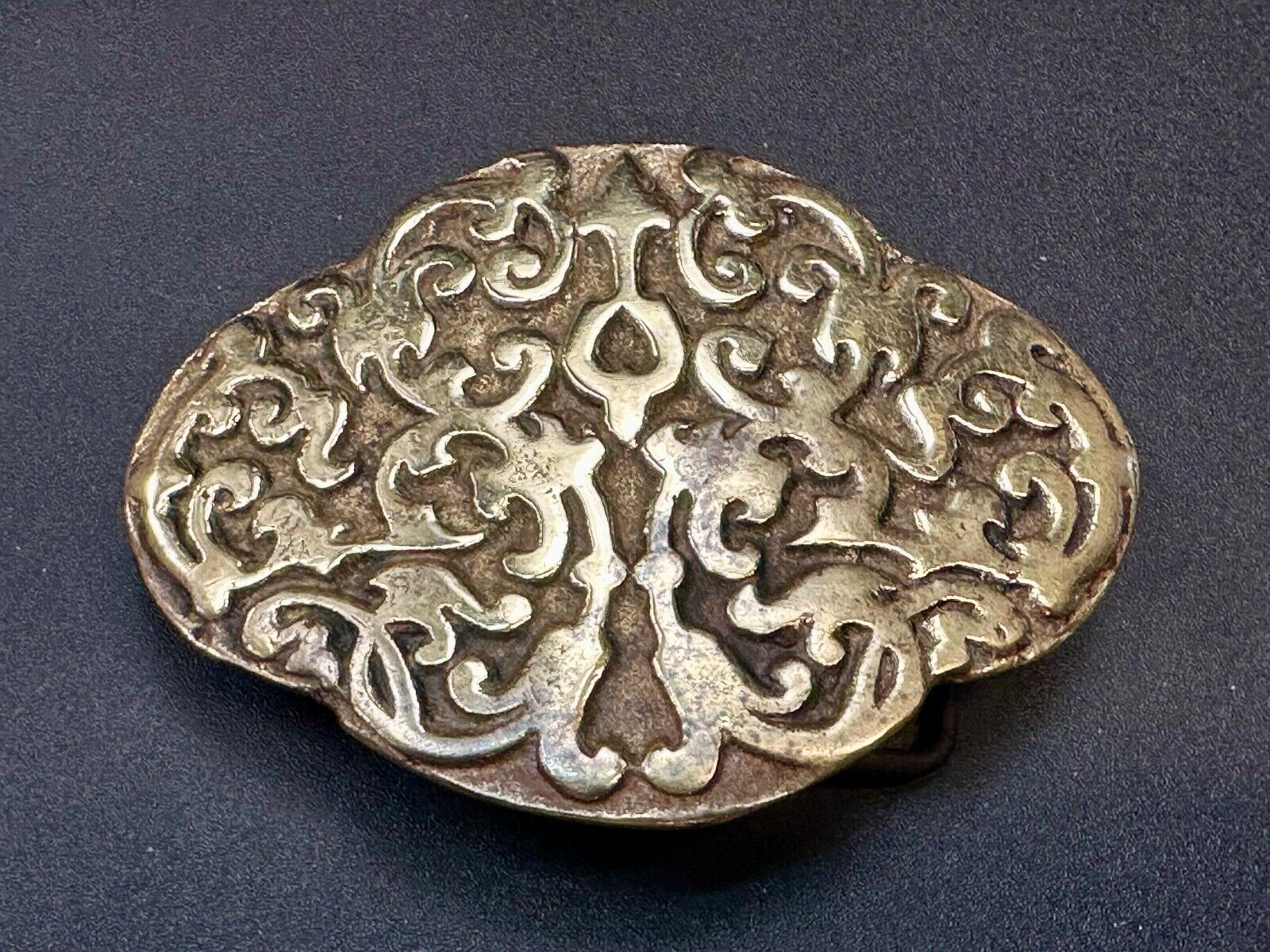 Vintage Hippie Hobo style curved swirl pattern cross solid brass belt buckle