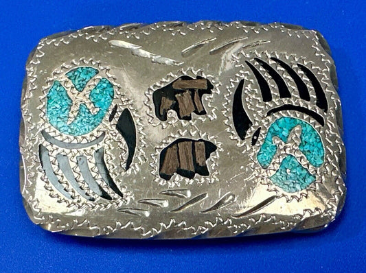 Bear - Paw Figure vintage inlaid turquoise chip & black Enamel belt buckle