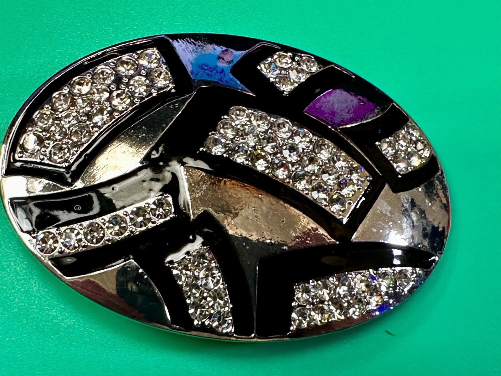 Unique Rhinestone Accented Black & Silver Tone Women's Oval Belt Buckle