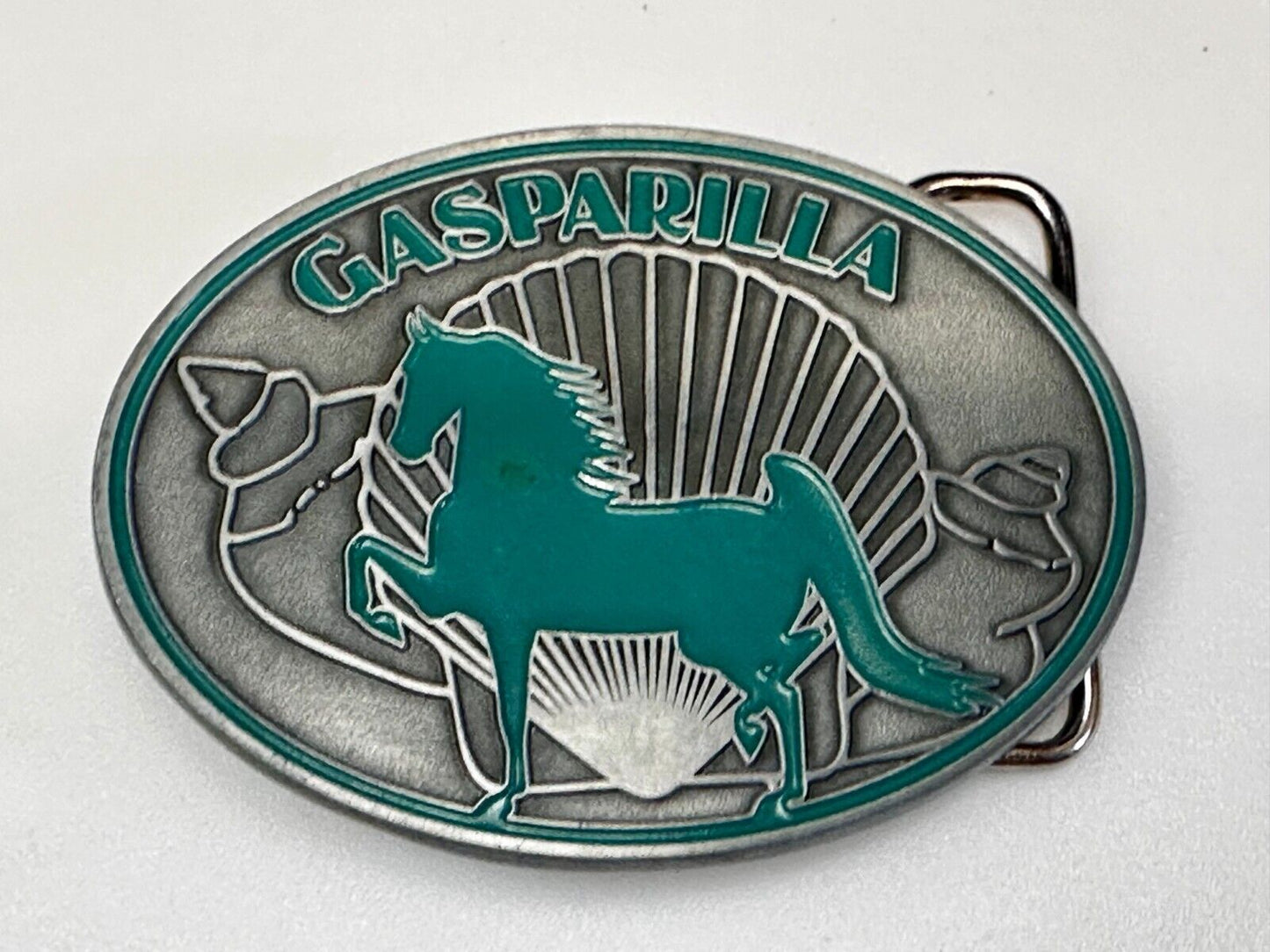 Gasparilla Horse Stallion W/ Sea Shells Green Enameled Accents Belt Buckle